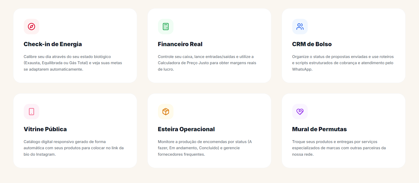 Painel da Woman Fem OS com módulos de check-in de energia, financeiro, CRM, vitrine pública, esteira operacional e mural de permutas